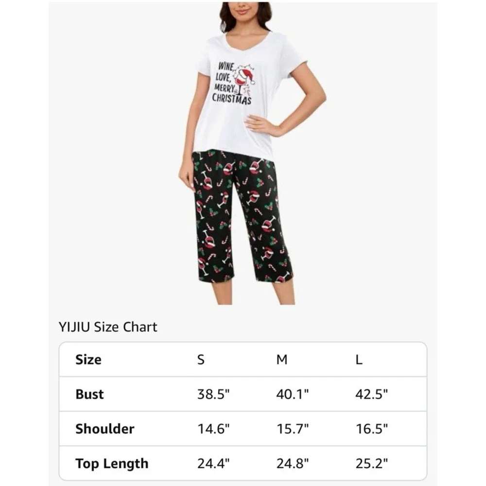YIJIU S Women Soft Comfy Pajamas Wine Christmas Short Sleeve Capri Pants PJS Set